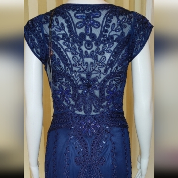 SUE WONG LACE BEADED VNECK COCKTAIL DRESS, NAVY 4 - Picture 10 of 16